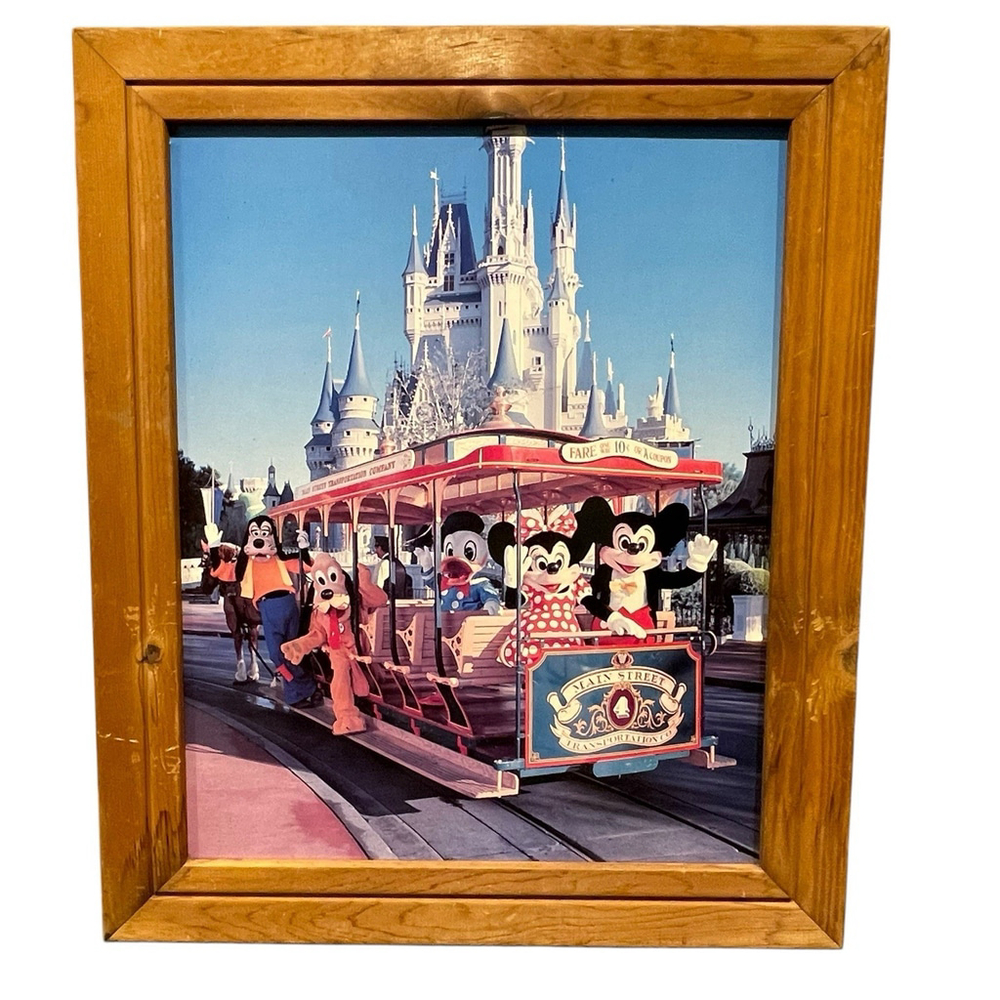 Walt Disney Vtg Picture Framed 24" X 20" Mickey Minnie Goofy Donald Pluto Trolly